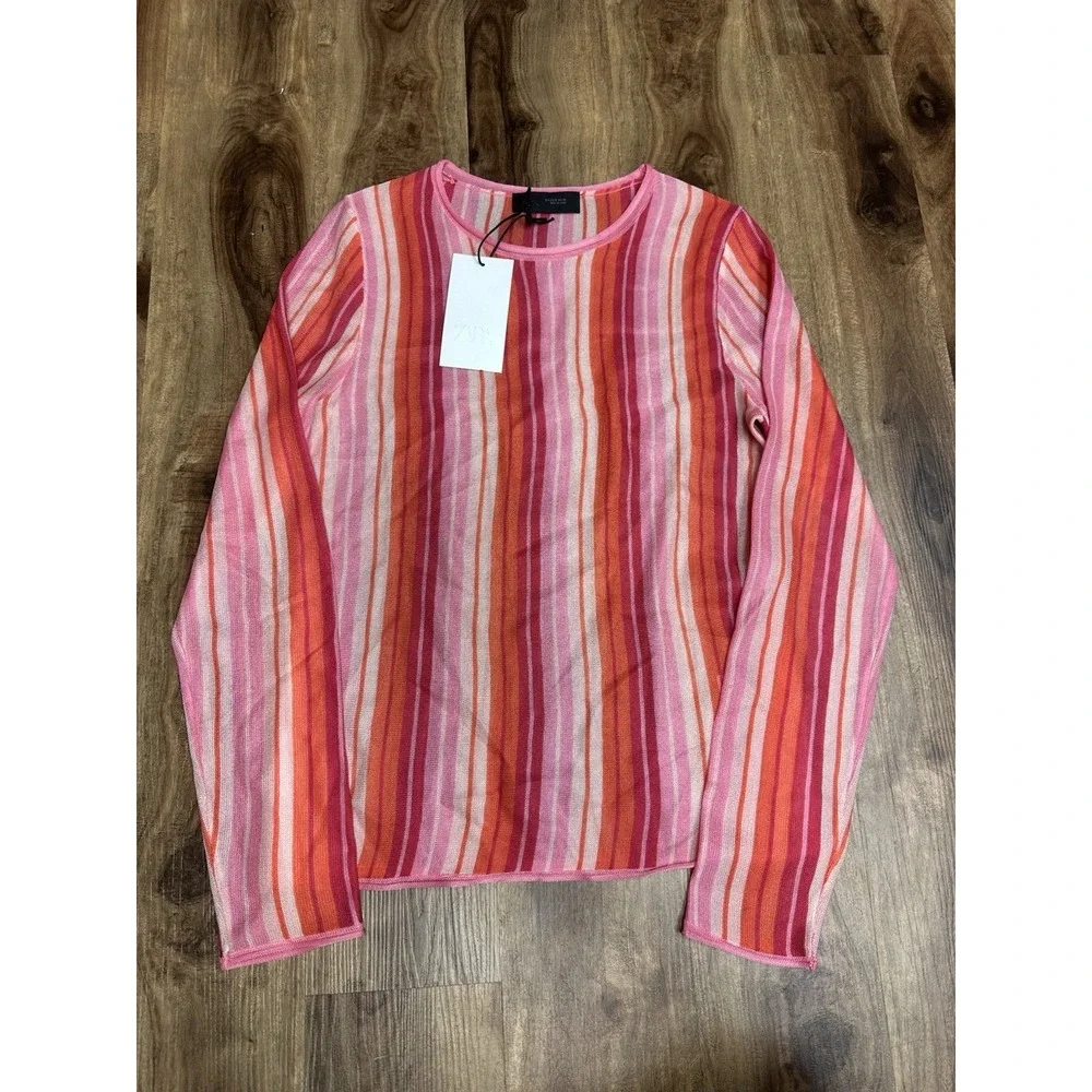 ZARA Pink Red Orange Striped Fine Knit Jumper Top Medium M NWT